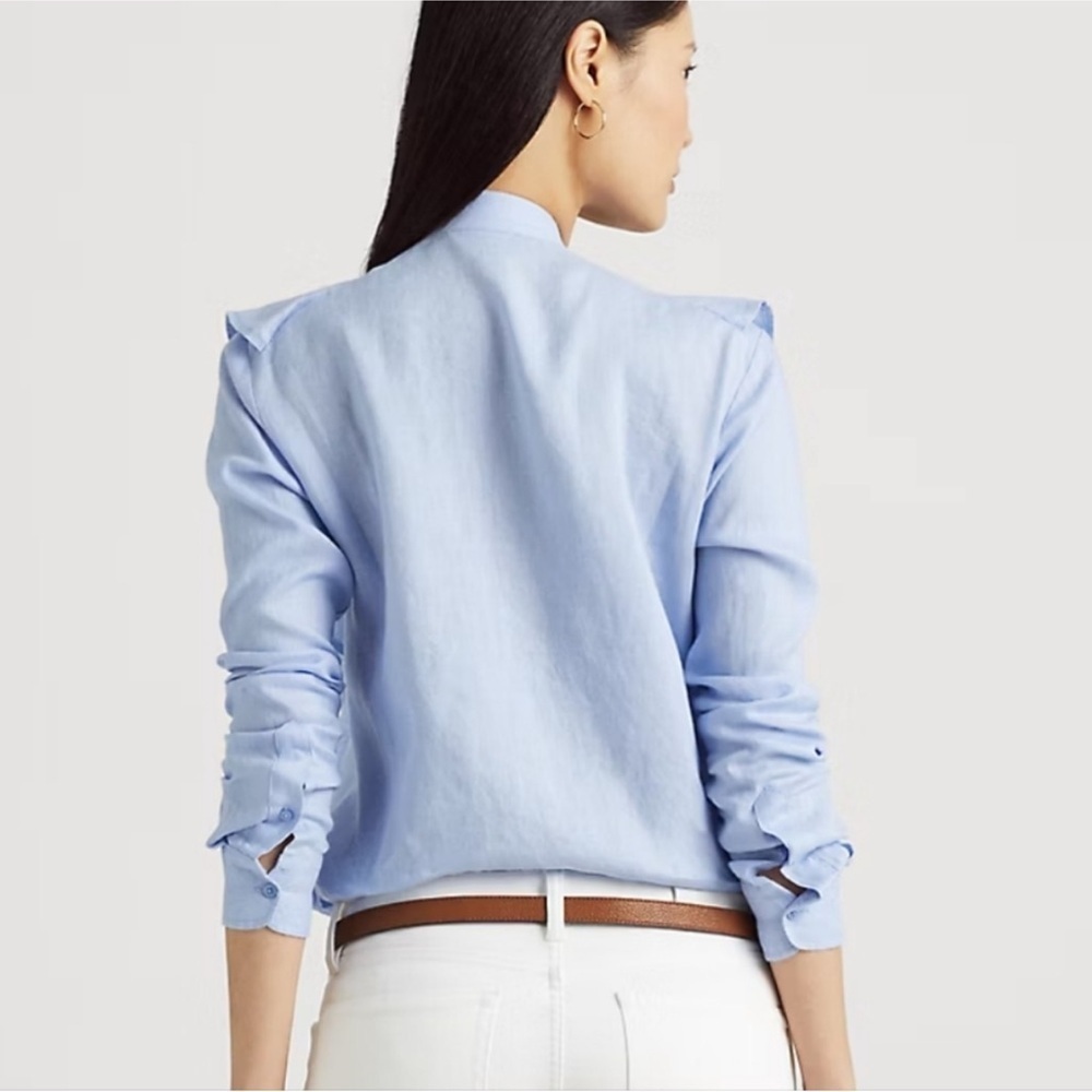 Lauren Ralph Lauren Linen Ruffle Button Down Blouse Light Blue Coastal M Preppy - Picture 12 of 13